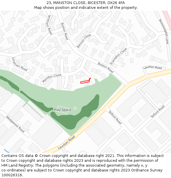 23, MANSTON CLOSE, BICESTER, OX26 4FA: Location map and indicative extent of plot