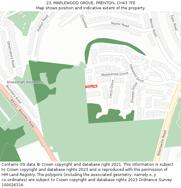23, MAPLEWOOD GROVE, PRENTON, CH43 7FE: Location map and indicative extent of plot