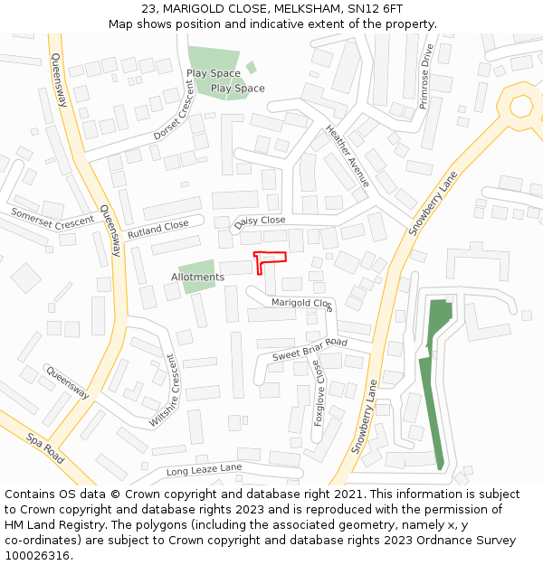 23, MARIGOLD CLOSE, MELKSHAM, SN12 6FT: Location map and indicative extent of plot