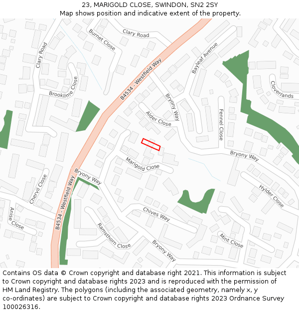 23, MARIGOLD CLOSE, SWINDON, SN2 2SY: Location map and indicative extent of plot