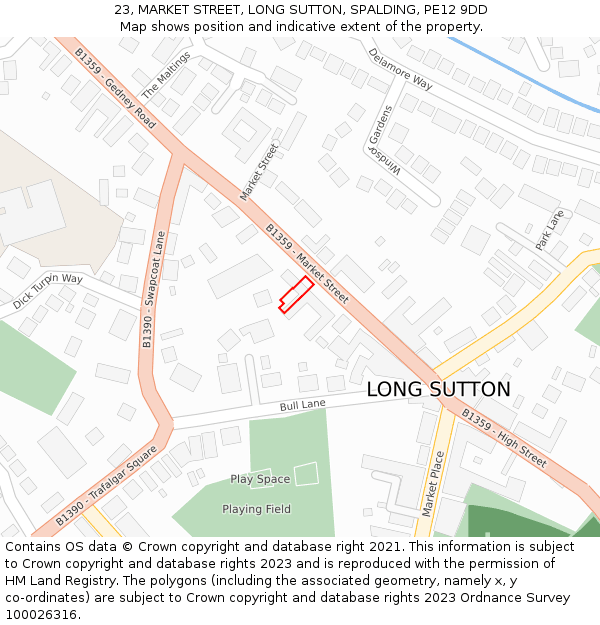 23, MARKET STREET, LONG SUTTON, SPALDING, PE12 9DD: Location map and indicative extent of plot