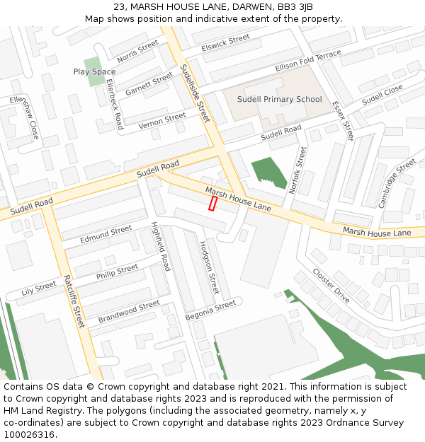 23, MARSH HOUSE LANE, DARWEN, BB3 3JB: Location map and indicative extent of plot