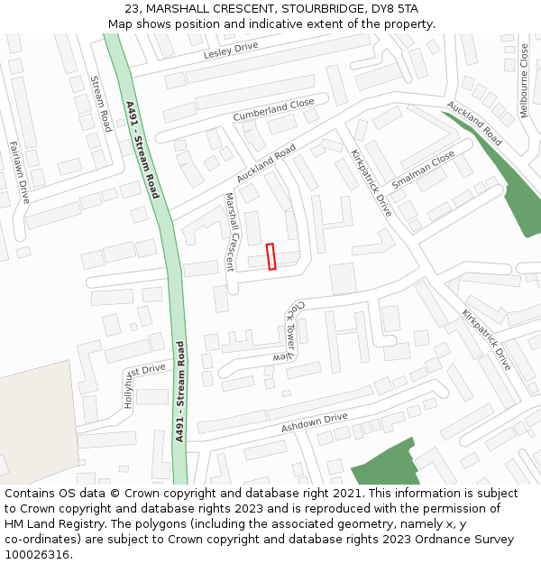 23, MARSHALL CRESCENT, STOURBRIDGE, DY8 5TA: Location map and indicative extent of plot