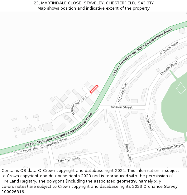 23, MARTINDALE CLOSE, STAVELEY, CHESTERFIELD, S43 3TY: Location map and indicative extent of plot