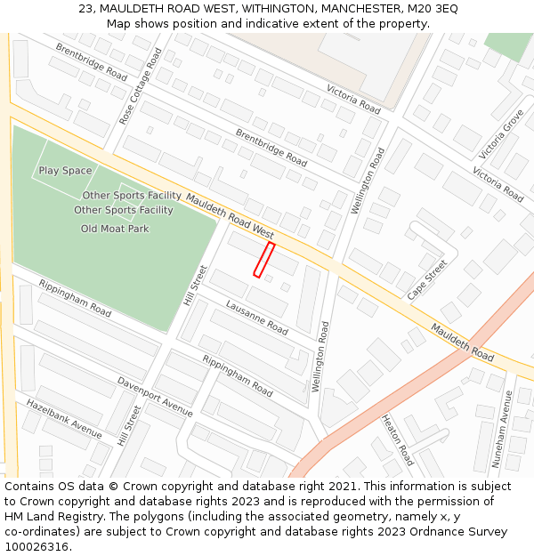 23, MAULDETH ROAD WEST, WITHINGTON, MANCHESTER, M20 3EQ: Location map and indicative extent of plot