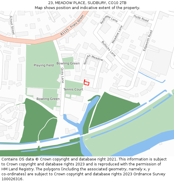 23, MEADOW PLACE, SUDBURY, CO10 2TB: Location map and indicative extent of plot