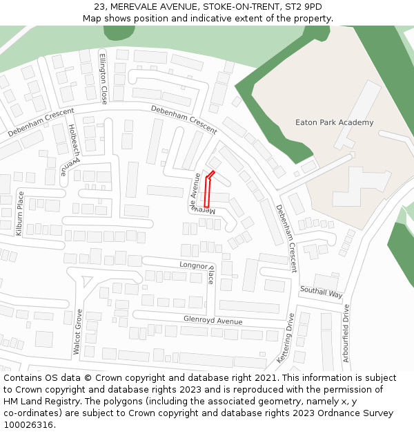 23, MEREVALE AVENUE, STOKE-ON-TRENT, ST2 9PD: Location map and indicative extent of plot