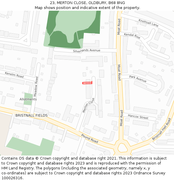 23, MERTON CLOSE, OLDBURY, B68 8NG: Location map and indicative extent of plot