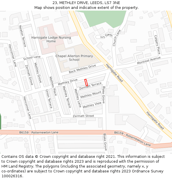 23, METHLEY DRIVE, LEEDS, LS7 3NE: Location map and indicative extent of plot