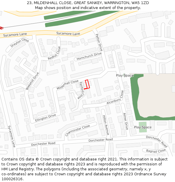 23, MILDENHALL CLOSE, GREAT SANKEY, WARRINGTON, WA5 1ZD: Location map and indicative extent of plot