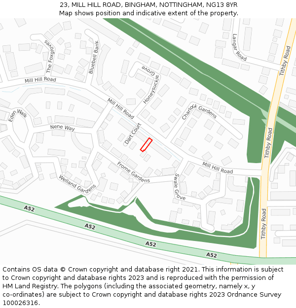 23, MILL HILL ROAD, BINGHAM, NOTTINGHAM, NG13 8YR: Location map and indicative extent of plot