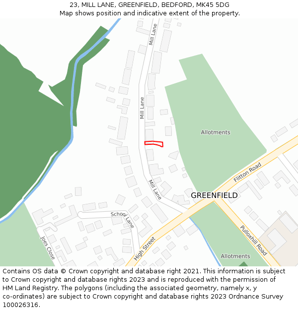 23, MILL LANE, GREENFIELD, BEDFORD, MK45 5DG: Location map and indicative extent of plot