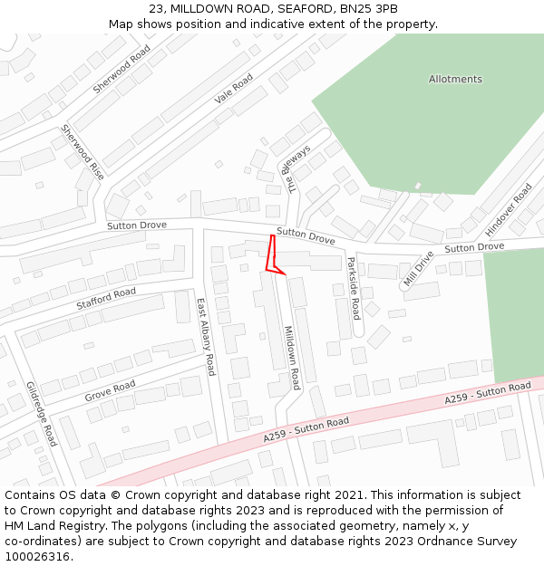 23, MILLDOWN ROAD, SEAFORD, BN25 3PB: Location map and indicative extent of plot