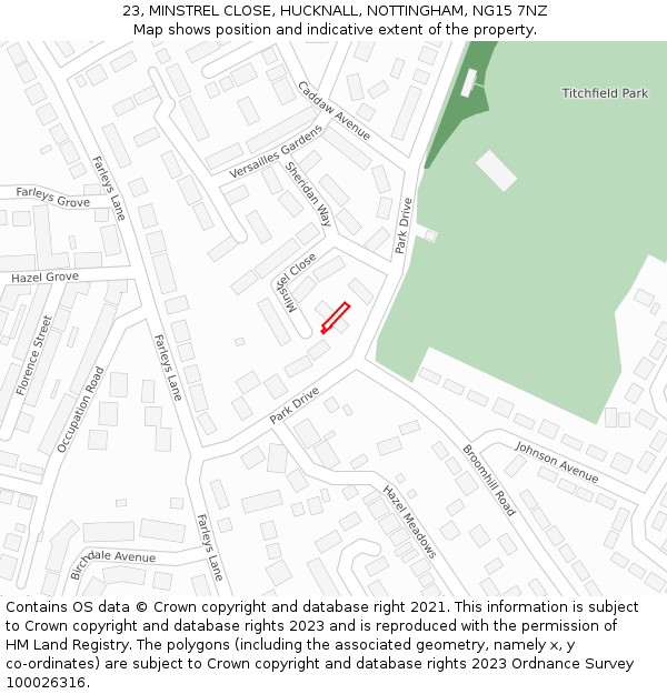 23, MINSTREL CLOSE, HUCKNALL, NOTTINGHAM, NG15 7NZ: Location map and indicative extent of plot