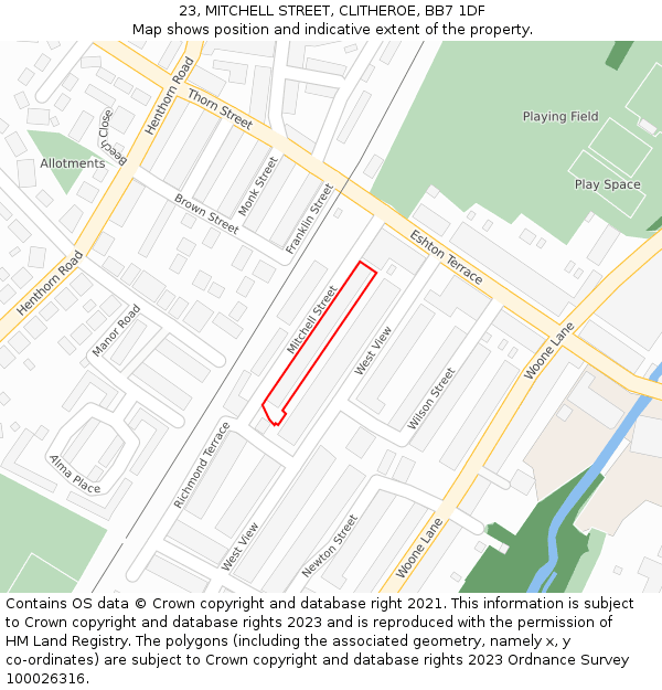 23, MITCHELL STREET, CLITHEROE, BB7 1DF: Location map and indicative extent of plot