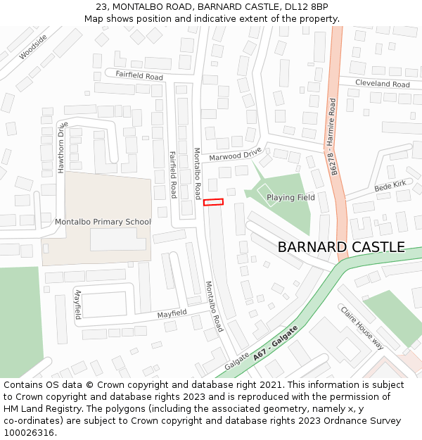 23, MONTALBO ROAD, BARNARD CASTLE, DL12 8BP: Location map and indicative extent of plot