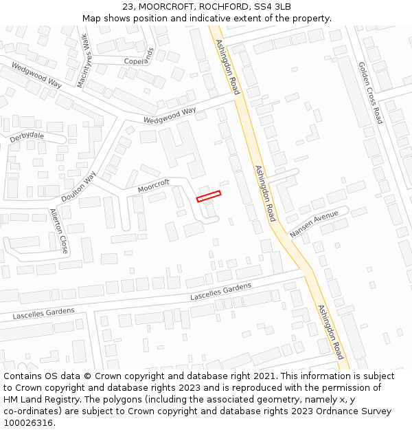 23, MOORCROFT, ROCHFORD, SS4 3LB: Location map and indicative extent of plot