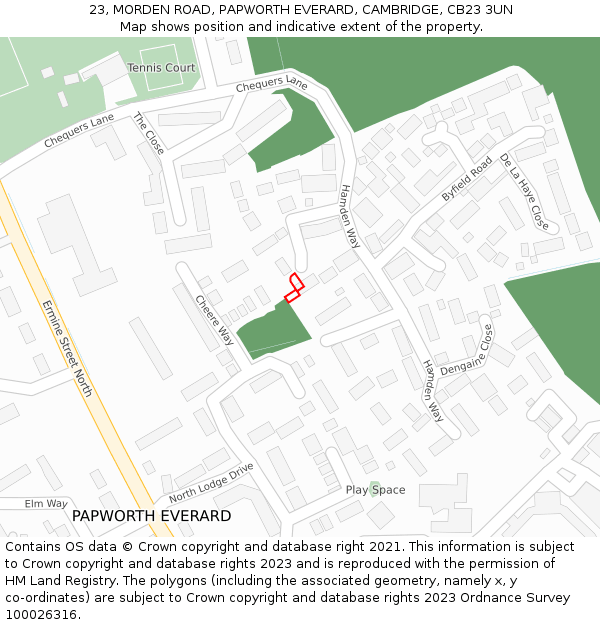 23, MORDEN ROAD, PAPWORTH EVERARD, CAMBRIDGE, CB23 3UN: Location map and indicative extent of plot