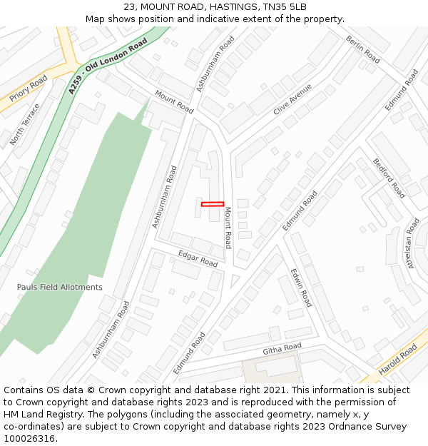 23, MOUNT ROAD, HASTINGS, TN35 5LB: Location map and indicative extent of plot