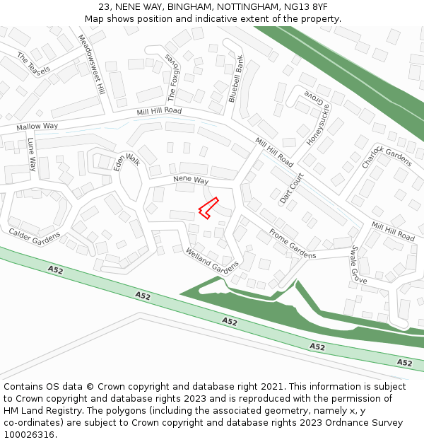 23, NENE WAY, BINGHAM, NOTTINGHAM, NG13 8YF: Location map and indicative extent of plot