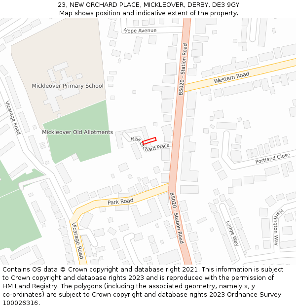 23, NEW ORCHARD PLACE, MICKLEOVER, DERBY, DE3 9GY: Location map and indicative extent of plot