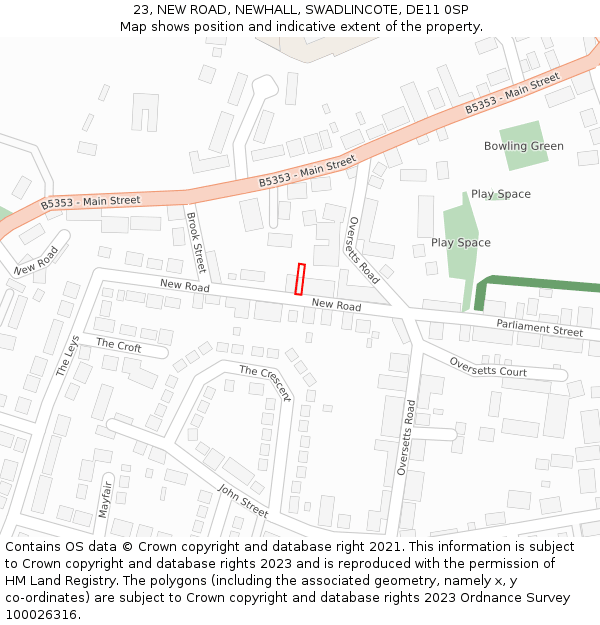 23, NEW ROAD, NEWHALL, SWADLINCOTE, DE11 0SP: Location map and indicative extent of plot