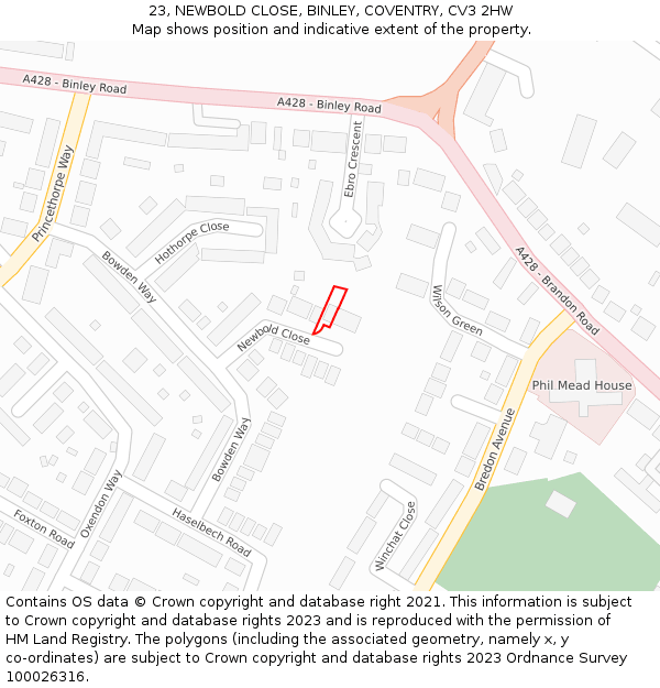 23, NEWBOLD CLOSE, BINLEY, COVENTRY, CV3 2HW: Location map and indicative extent of plot
