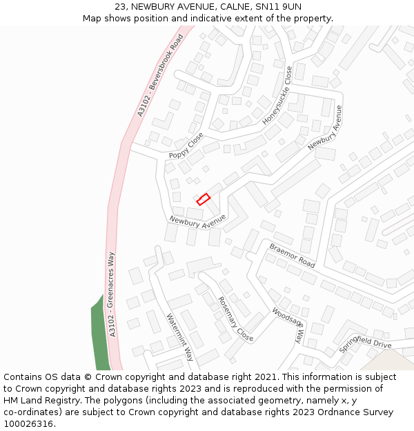 23, NEWBURY AVENUE, CALNE, SN11 9UN: Location map and indicative extent of plot