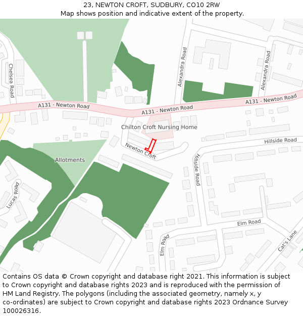 23, NEWTON CROFT, SUDBURY, CO10 2RW: Location map and indicative extent of plot