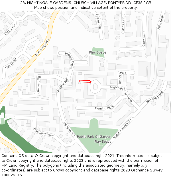 23, NIGHTINGALE GARDENS, CHURCH VILLAGE, PONTYPRIDD, CF38 1GB: Location map and indicative extent of plot
