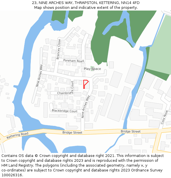 23, NINE ARCHES WAY, THRAPSTON, KETTERING, NN14 4FD: Location map and indicative extent of plot