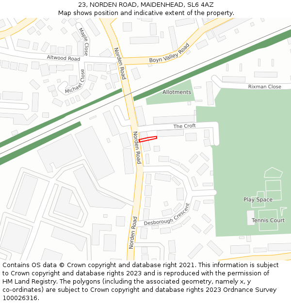 23, NORDEN ROAD, MAIDENHEAD, SL6 4AZ: Location map and indicative extent of plot