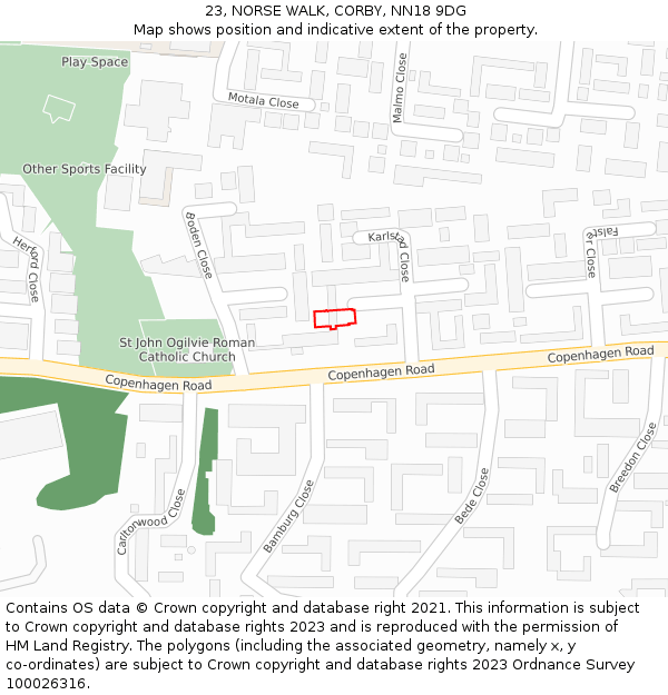 23, NORSE WALK, CORBY, NN18 9DG: Location map and indicative extent of plot