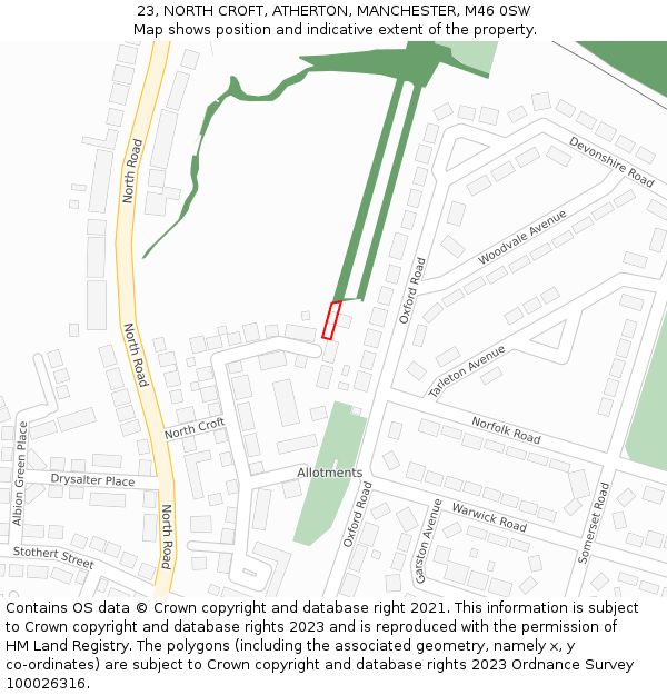 23, NORTH CROFT, ATHERTON, MANCHESTER, M46 0SW: Location map and indicative extent of plot