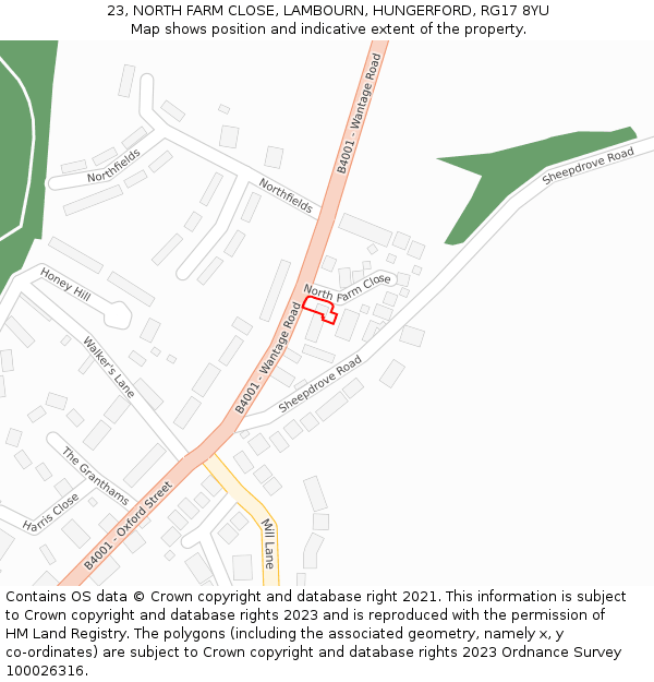23, NORTH FARM CLOSE, LAMBOURN, HUNGERFORD, RG17 8YU: Location map and indicative extent of plot