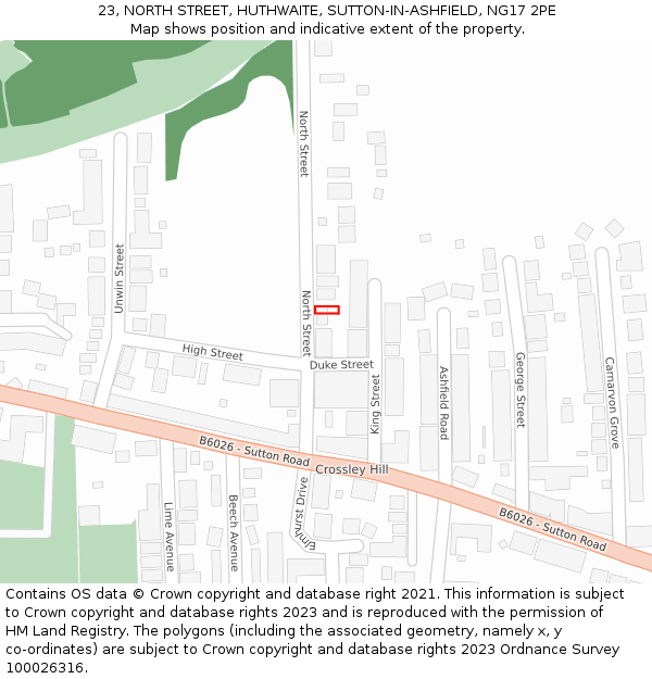 23, NORTH STREET, HUTHWAITE, SUTTON-IN-ASHFIELD, NG17 2PE: Location map and indicative extent of plot