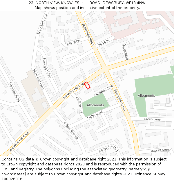23, NORTH VIEW, KNOWLES HILL ROAD, DEWSBURY, WF13 4NW: Location map and indicative extent of plot