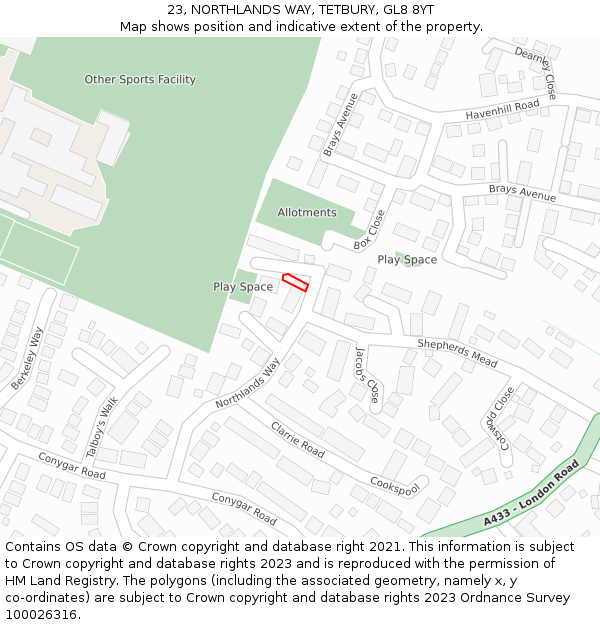 23, NORTHLANDS WAY, TETBURY, GL8 8YT: Location map and indicative extent of plot