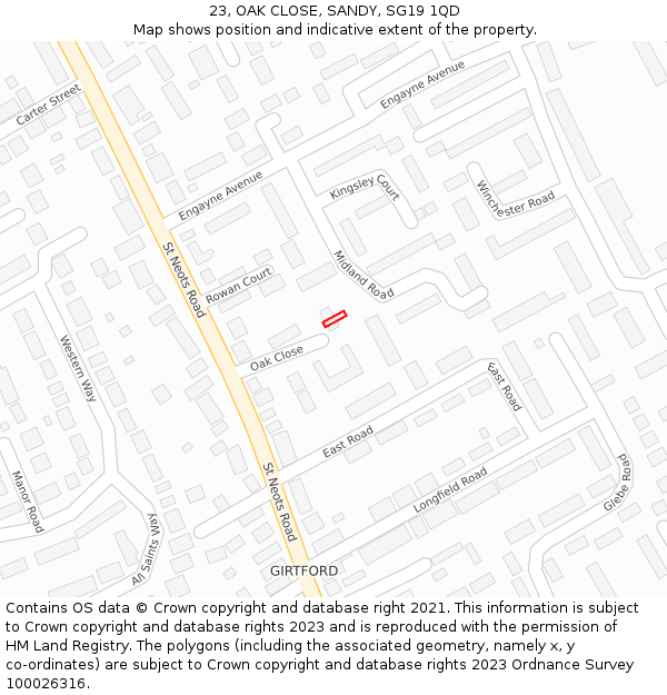 23, OAK CLOSE, SANDY, SG19 1QD: Location map and indicative extent of plot