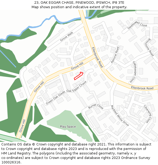 23, OAK EGGAR CHASE, PINEWOOD, IPSWICH, IP8 3TE: Location map and indicative extent of plot