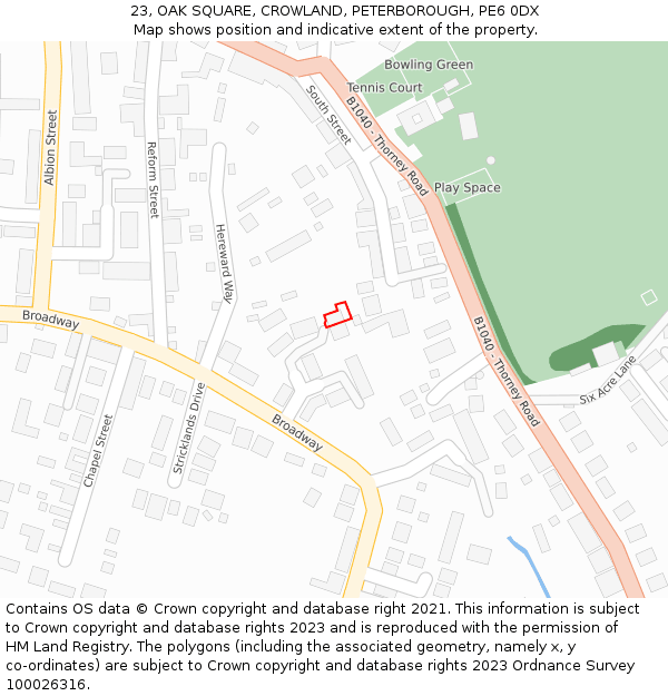 23, OAK SQUARE, CROWLAND, PETERBOROUGH, PE6 0DX: Location map and indicative extent of plot