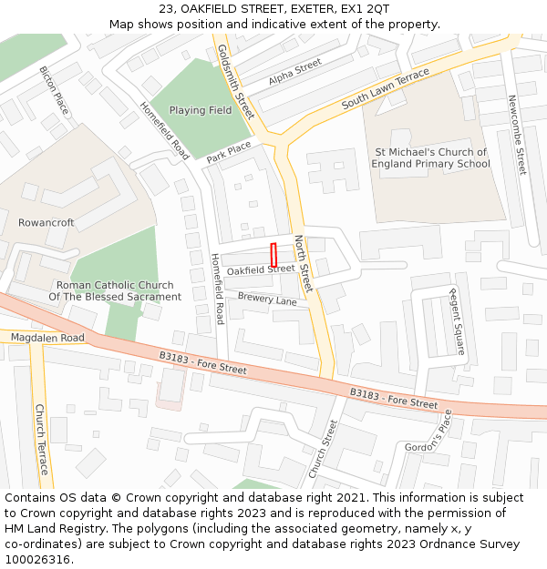 23, OAKFIELD STREET, EXETER, EX1 2QT: Location map and indicative extent of plot