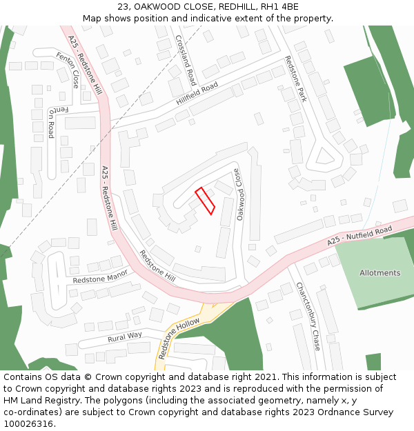 23, OAKWOOD CLOSE, REDHILL, RH1 4BE: Location map and indicative extent of plot