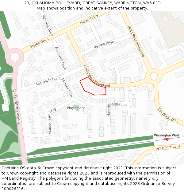 23, OKLAHOMA BOULEVARD, GREAT SANKEY, WARRINGTON, WA5 8FD: Location map and indicative extent of plot