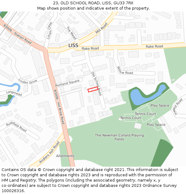 23, OLD SCHOOL ROAD, LISS, GU33 7RX: Location map and indicative extent of plot