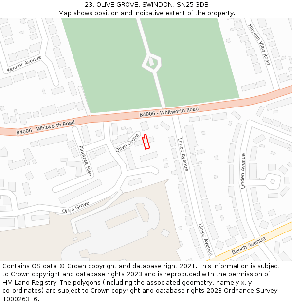 23, OLIVE GROVE, SWINDON, SN25 3DB: Location map and indicative extent of plot