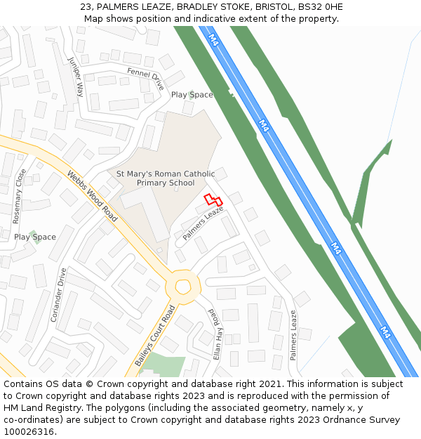 23, PALMERS LEAZE, BRADLEY STOKE, BRISTOL, BS32 0HE: Location map and indicative extent of plot