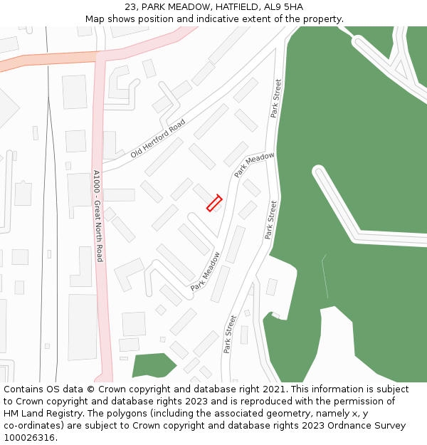 23, PARK MEADOW, HATFIELD, AL9 5HA: Location map and indicative extent of plot