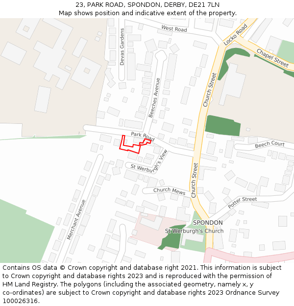 23, PARK ROAD, SPONDON, DERBY, DE21 7LN: Location map and indicative extent of plot