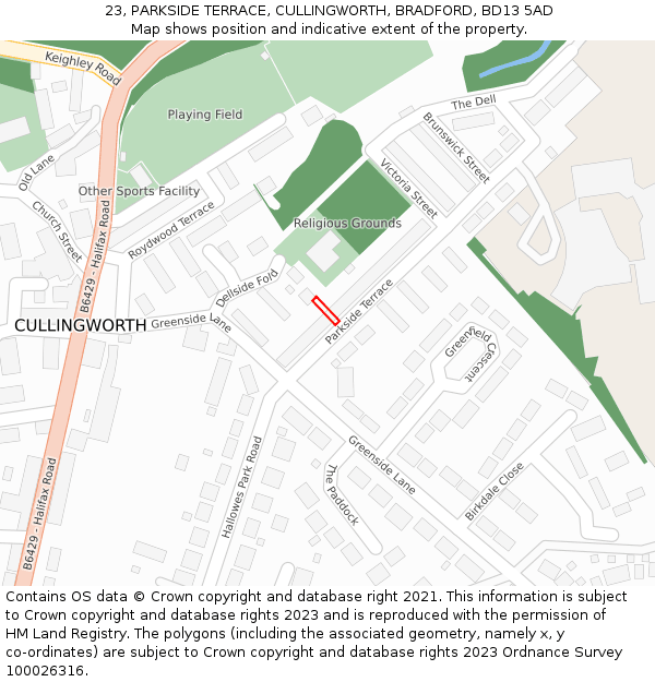 23, PARKSIDE TERRACE, CULLINGWORTH, BRADFORD, BD13 5AD: Location map and indicative extent of plot
